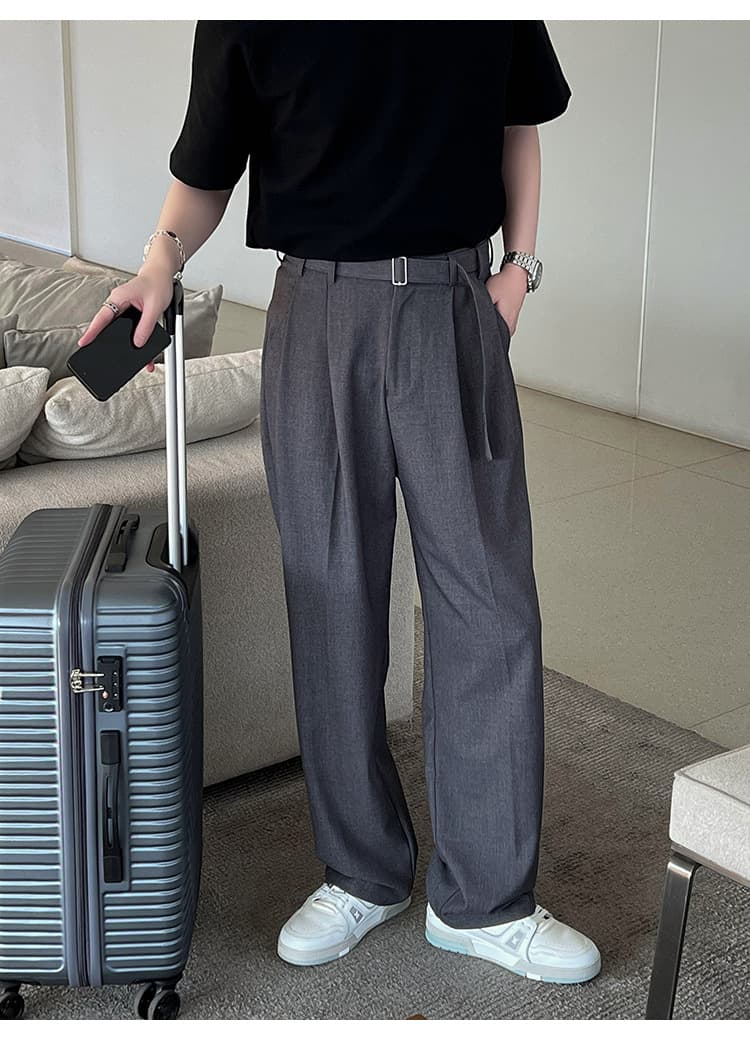 グレー パンツ ゆったりシルエット ベルト付きスラックス