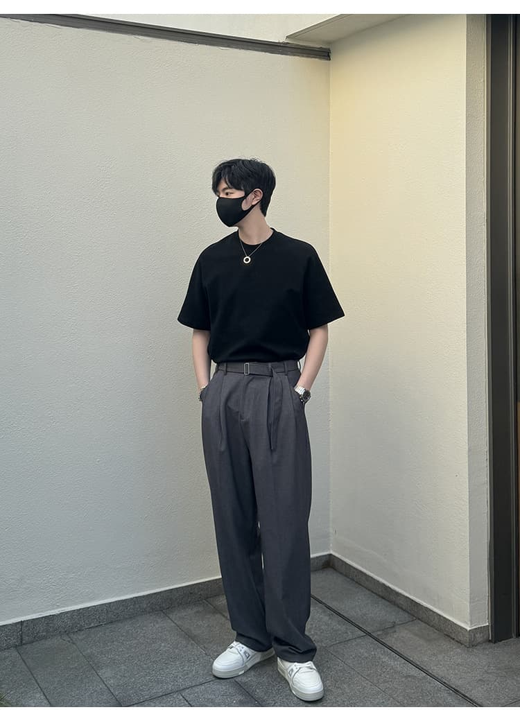 グレー パンツ ゆったりシルエット ベルト付きスラックス