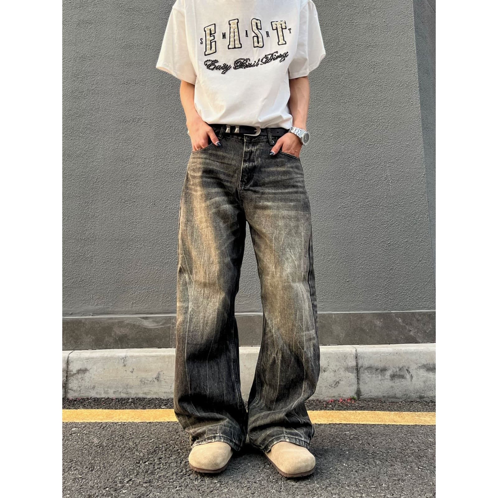 グレー パンツ ヴィンテージ風ワイドパンツ