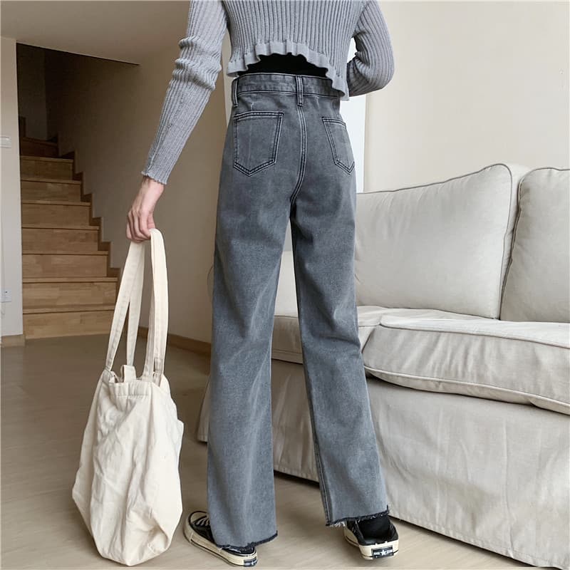 グレー パンツ デニムワイドパンツ ストレートシルエット