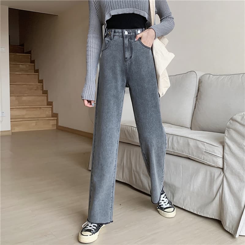 グレー パンツ デニムワイドパンツ ストレートシルエット