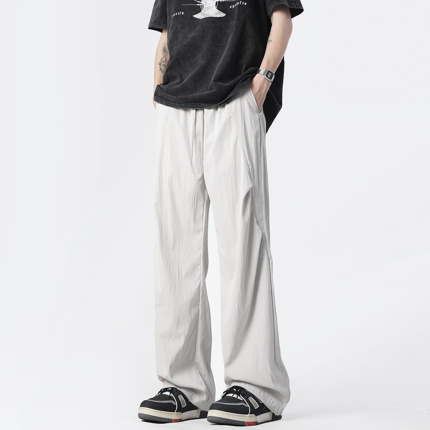 グレー パンツ しなやか風合いドレープワイドパンツ