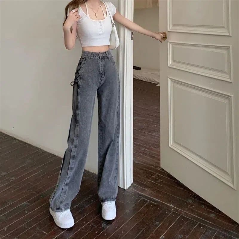 グレー パンツ 編み上げワイドデニムパンツ