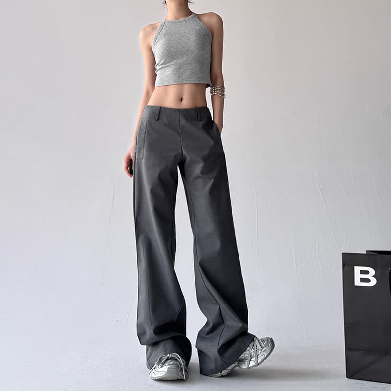 グレー パンツ ハイウエストストレートロングパンツ