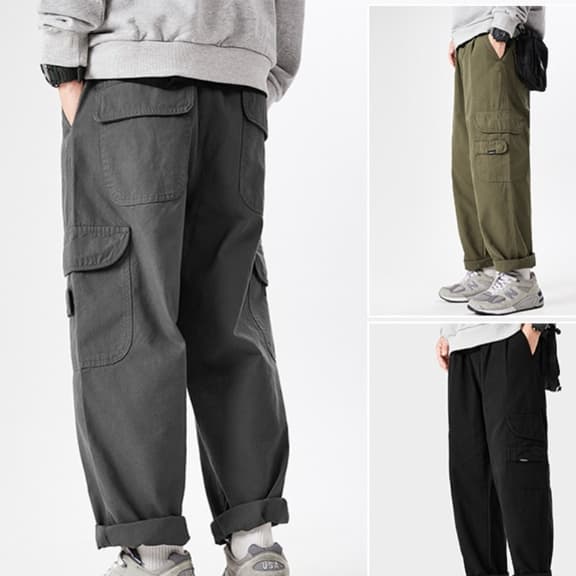 グレー パンツ 多機能ポケット付きリラックスカーゴパンツ