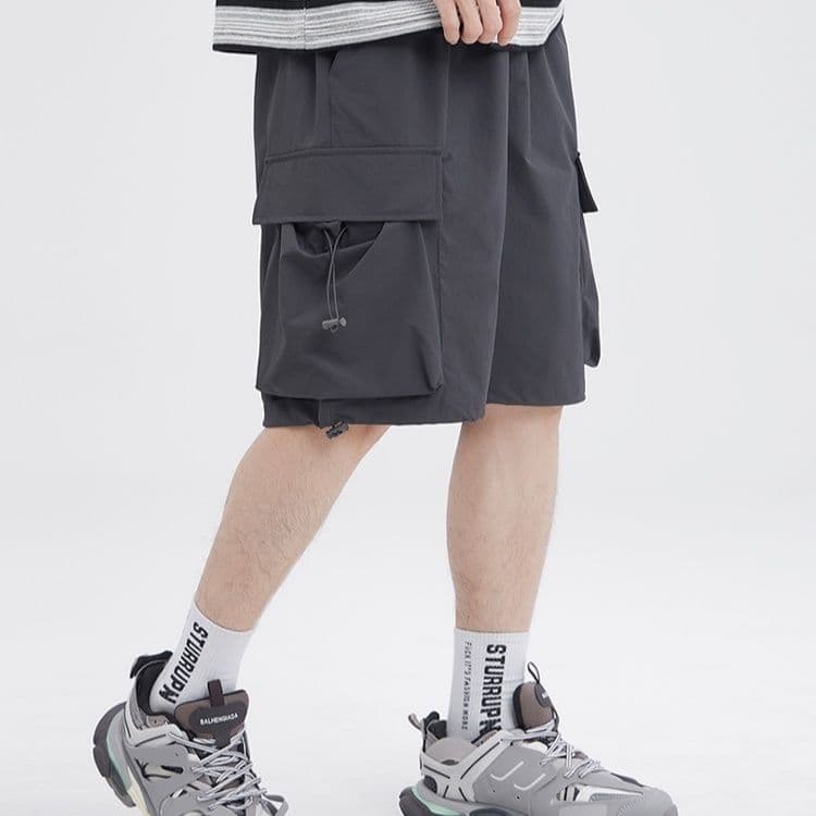 グレー パンツ 多機能ポケット付きカーゴハーフパンツ
