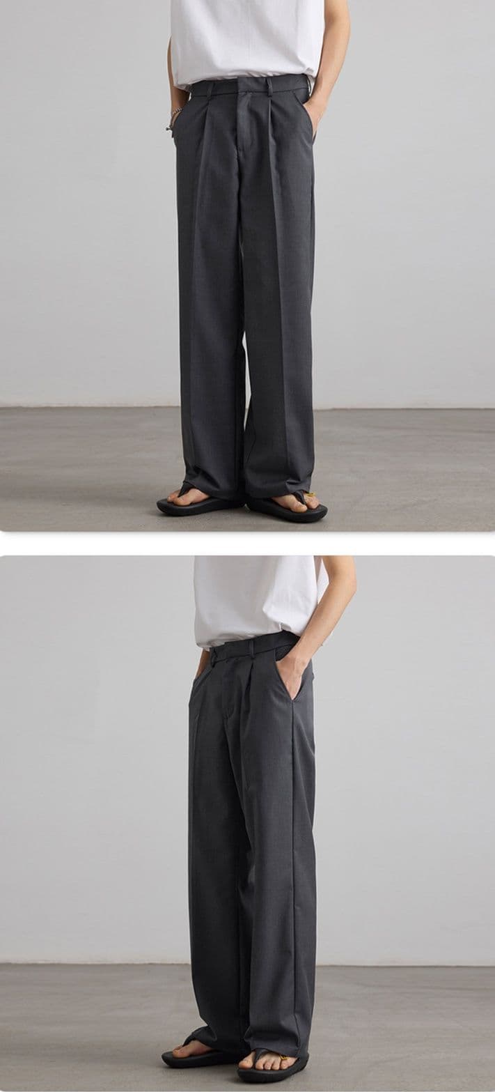 グレー パンツ ワイドシルエットタックデザイン美脚スラックス