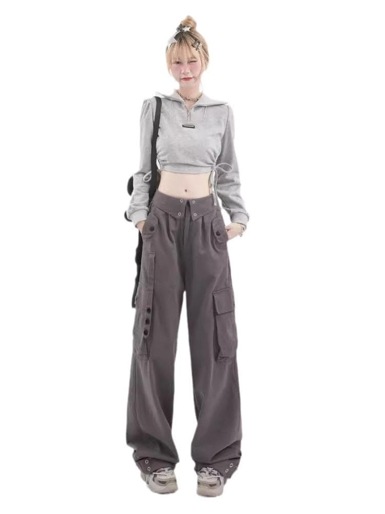 グレー パンツ ワイドシルエット 多機能ポケット付きパンツ