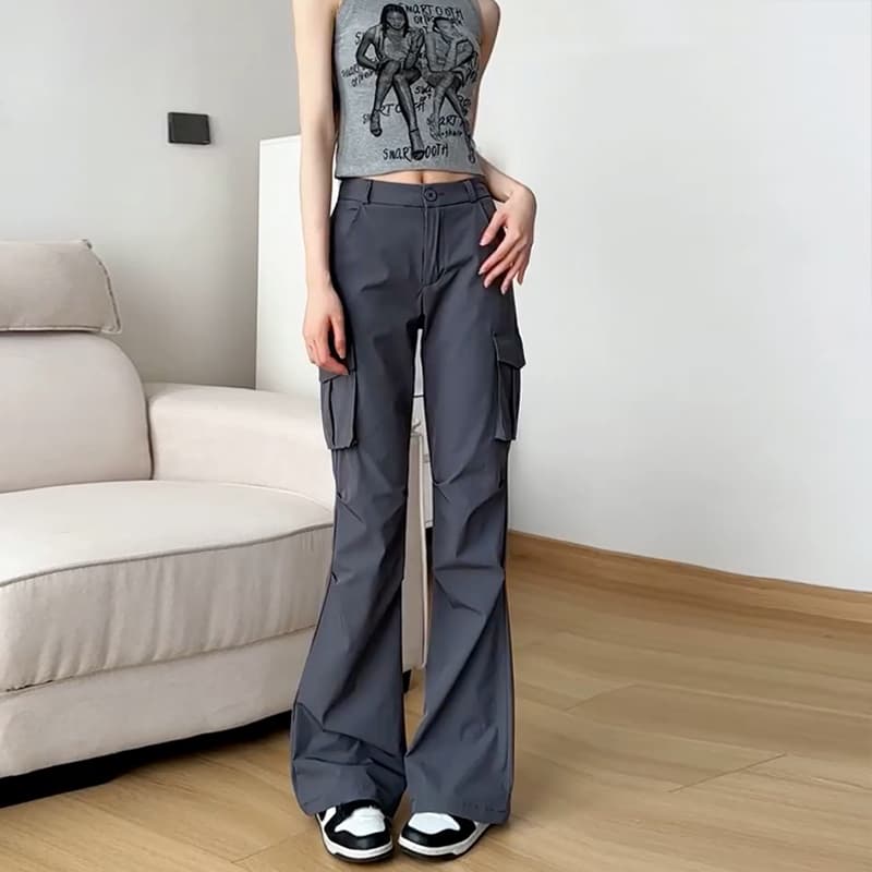 グレー パンツ 春夏 美脚 フレアカーゴパンツ