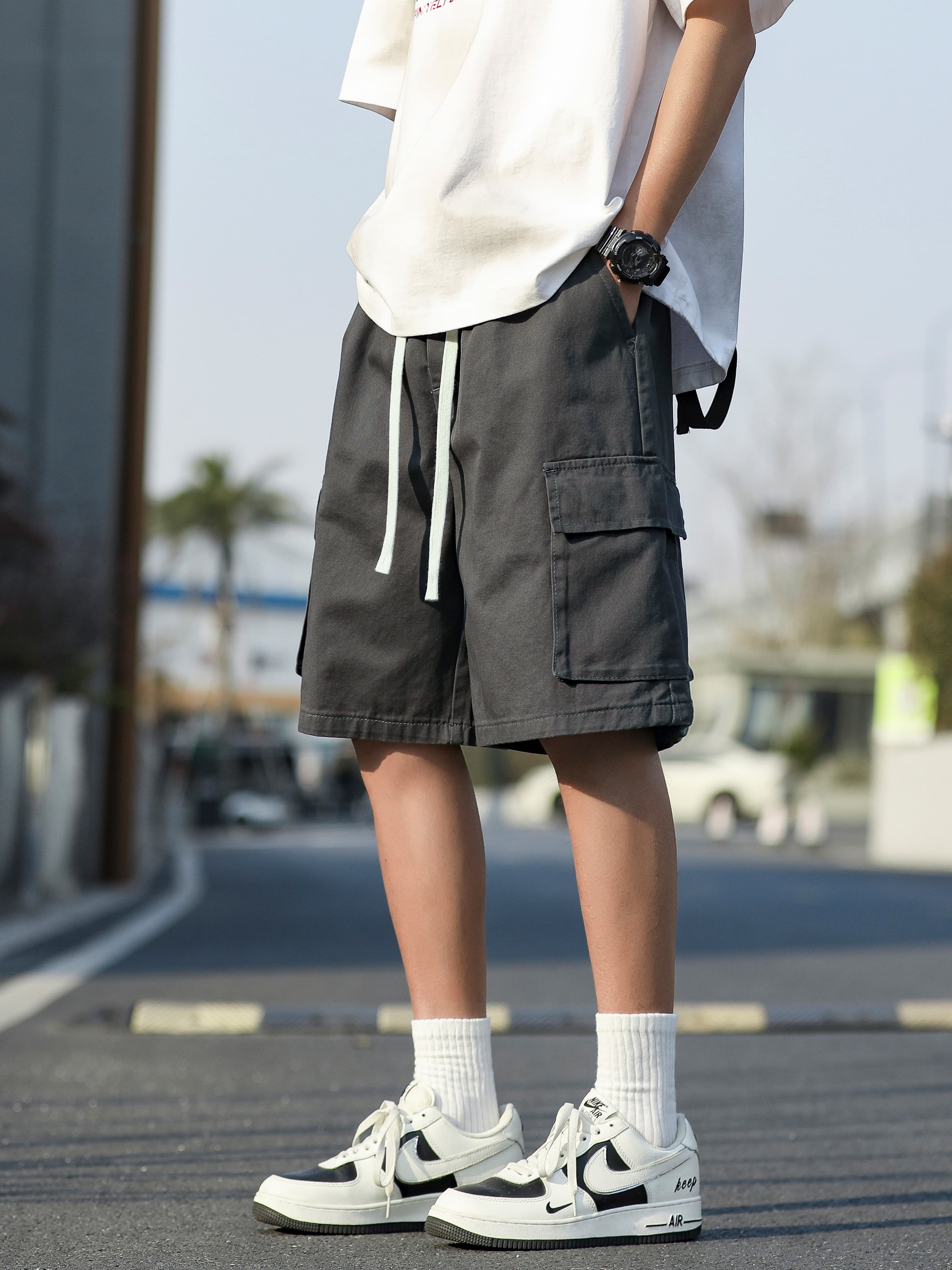 グレー パンツ ゆったりシルエット ハーフカーゴパンツ