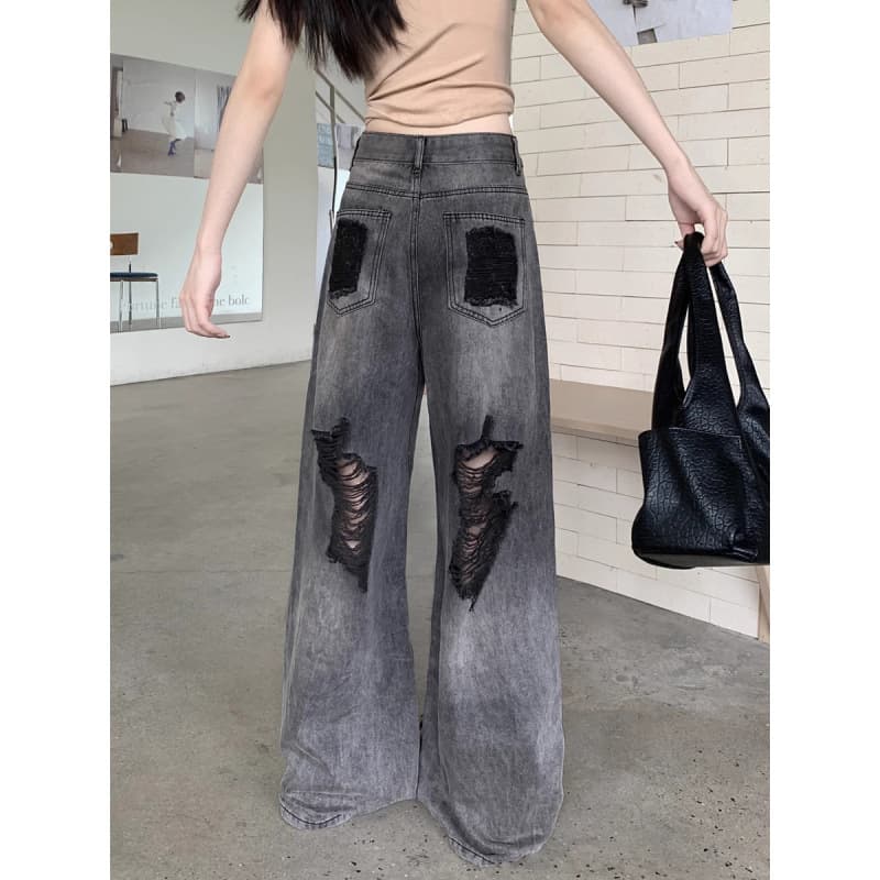 グレー パンツ ダメージ加工ワイドパンツ