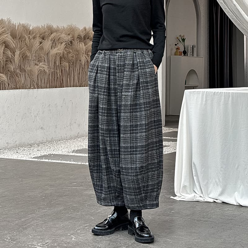 グレー パンツ なめらか起毛チェックバルーンパンツ