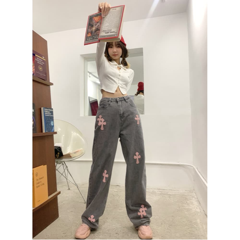 グレー パンツ 十字架モチーフストレートデニム