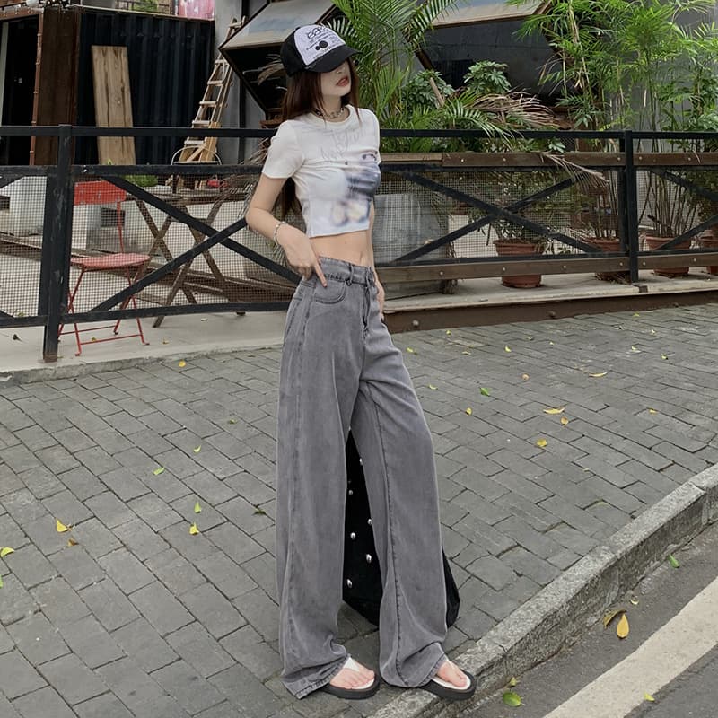 グレー パンツ ワイドシルエットストレートデニム