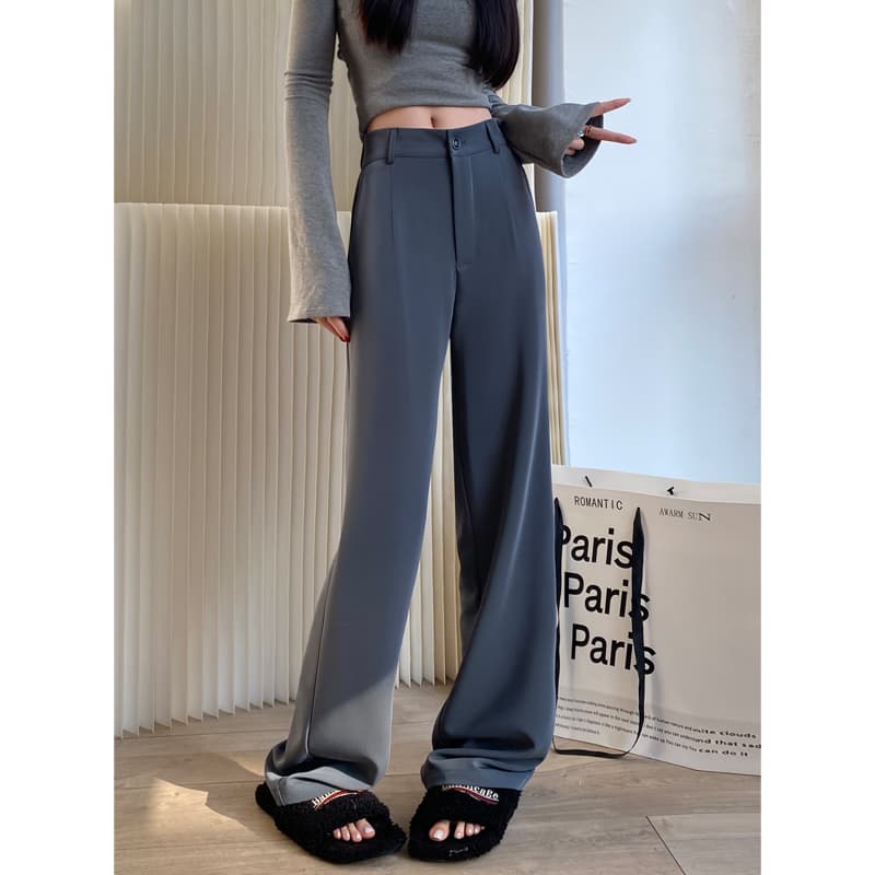 グレー パンツ ストレートストレッチドレスパンツ