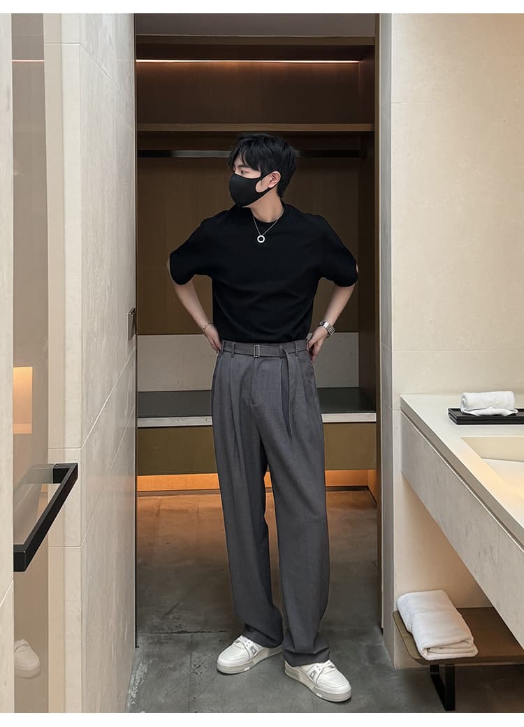 グレー パンツ ゆったりシルエット ベルト付きスラックス