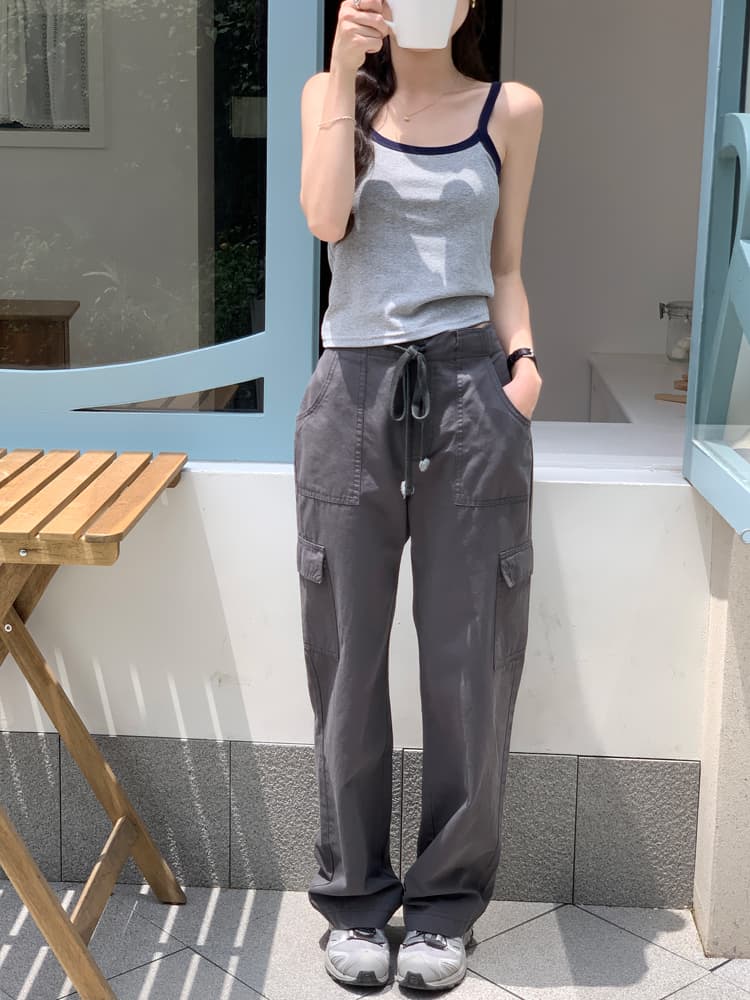グレー パンツ 紐付きゆったり楽ちんカーゴパンツ
