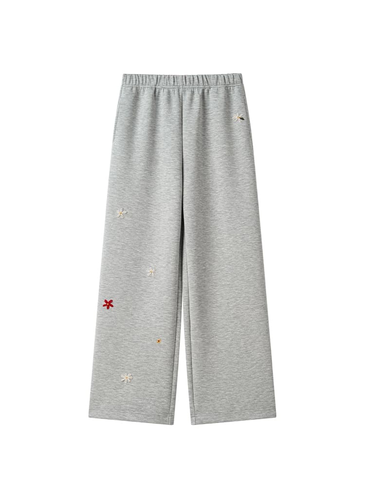 グレー パンツ 花刺繍入りワイドスウェットパンツ