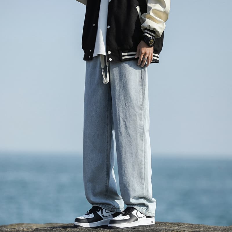 グレー パンツ ゆったりデニムストレートパンツ