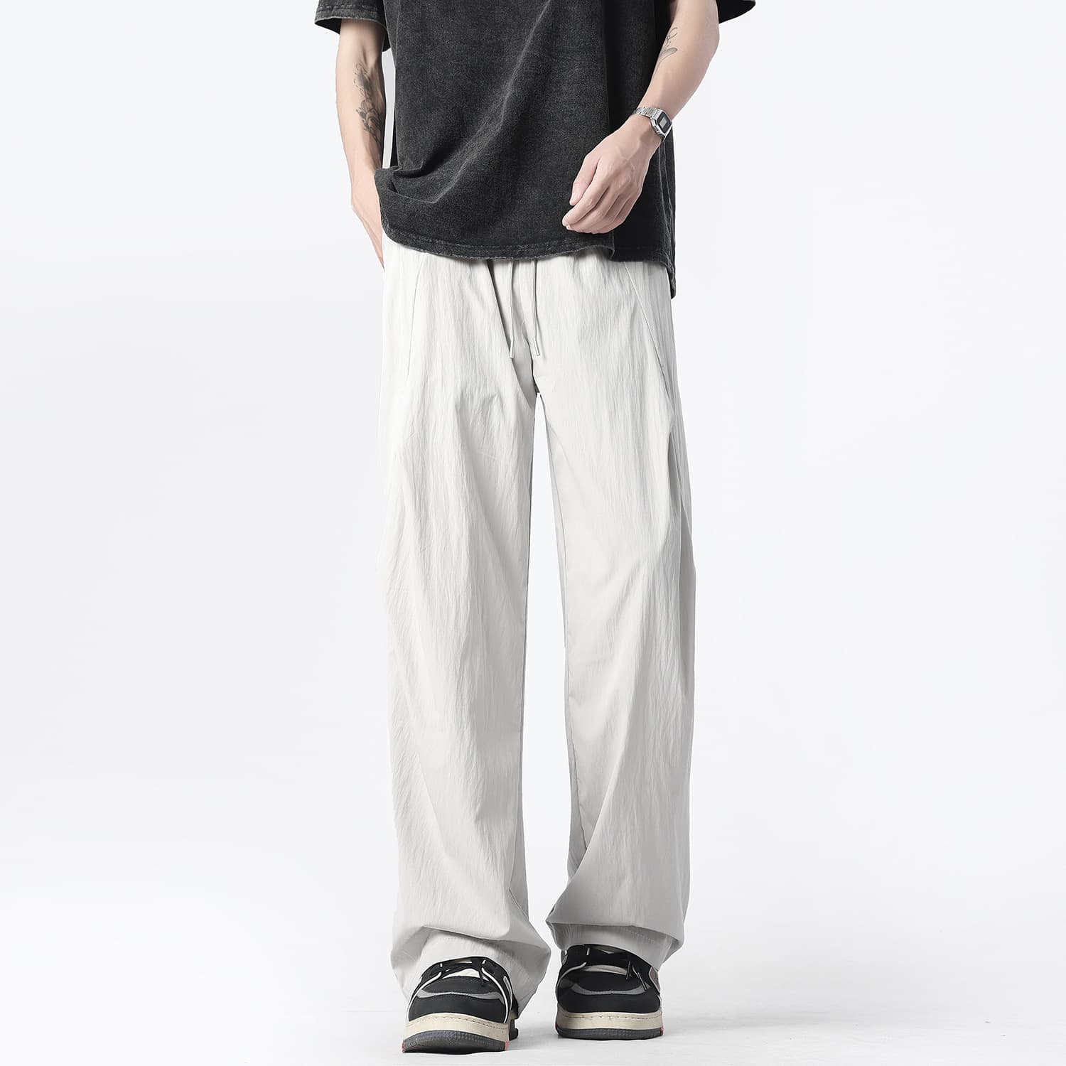 グレー パンツ しなやか風合いドレープワイドパンツ