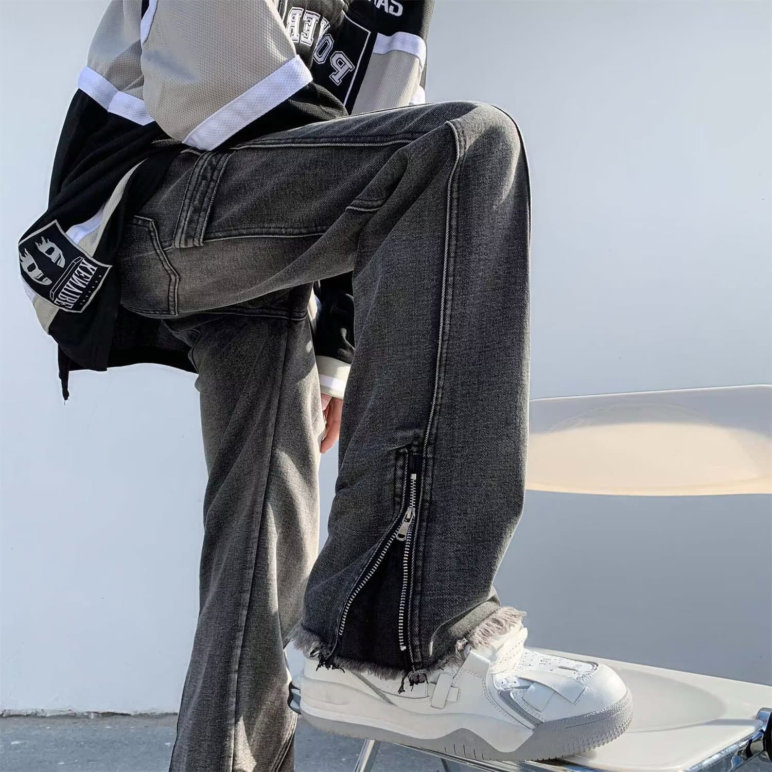グレー パンツ サイドジップ フレアパンツ