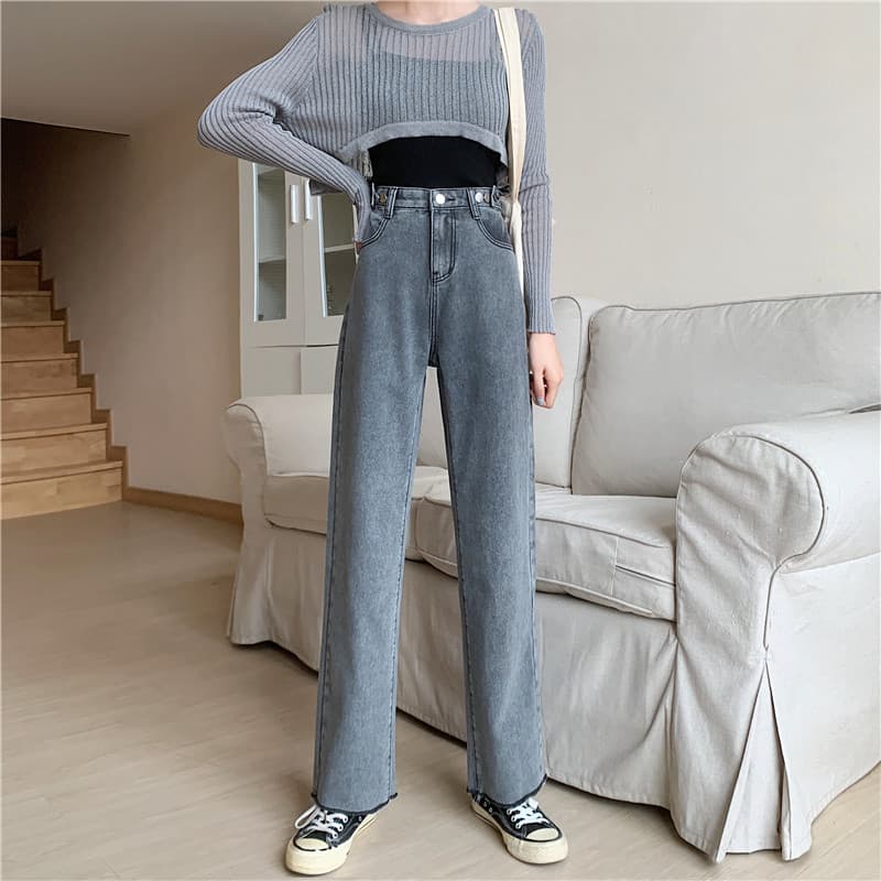 グレー パンツ デニムワイドパンツ ストレートシルエット