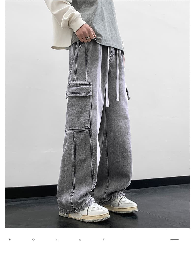 グレー パンツ ゆったりカーゴワイドデニムパンツ