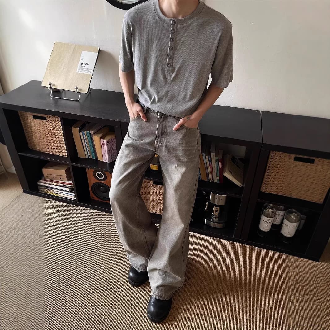 グレー パンツ ヴィンテージ風ワイドデニム