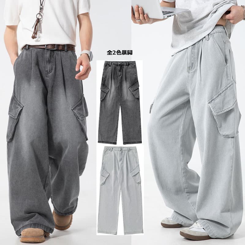 グレー パンツ 男性用 春夏 古着風 作業着デニム サイド立体ポケット付 全2色