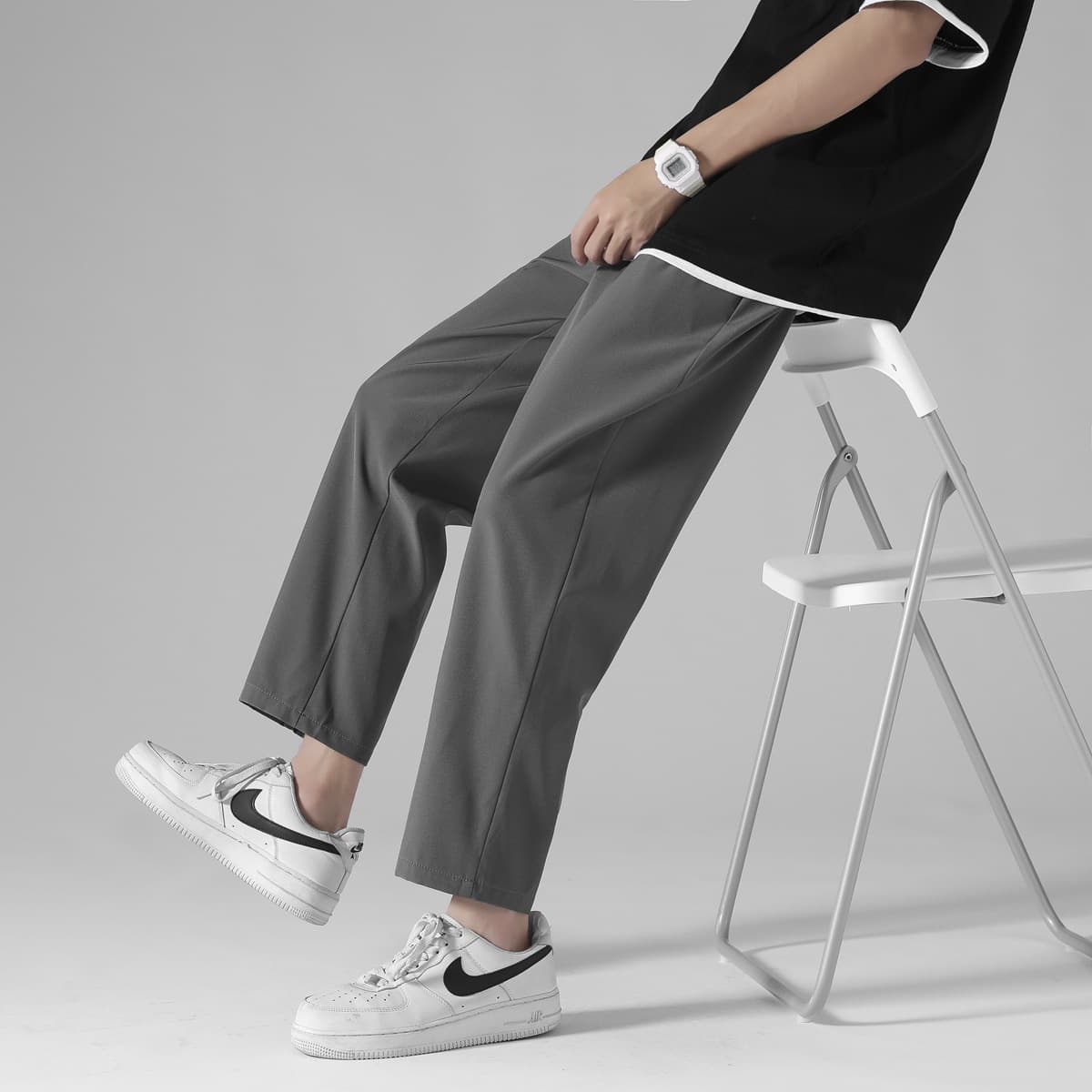 グレー パンツ シンプル タック デザイン パンツ
