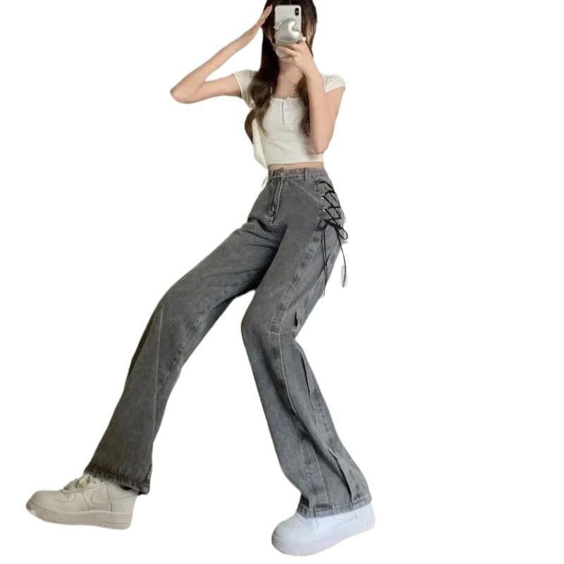 グレー パンツ 編み上げワイドデニムパンツ