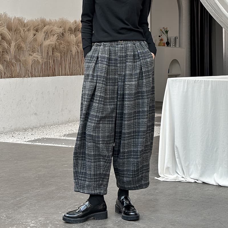 グレー パンツ なめらか起毛チェックバルーンパンツ