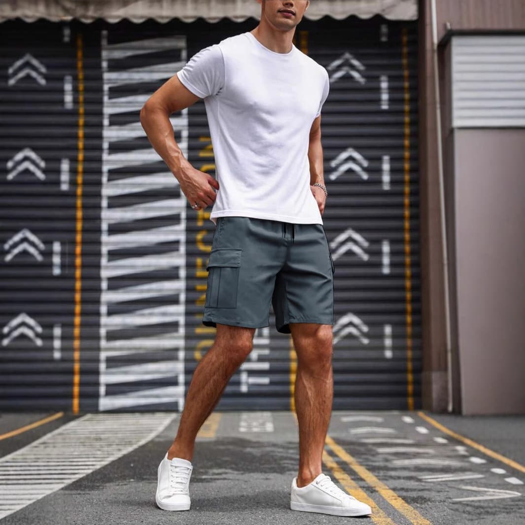 グレー パンツ カーゴポケット付き ゆったりハーフパンツ