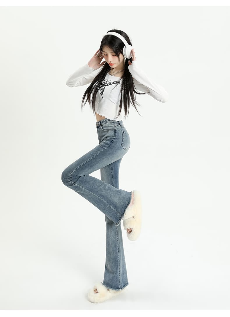 グレー パンツ ヴィンテージ加工 裾広がりデニム