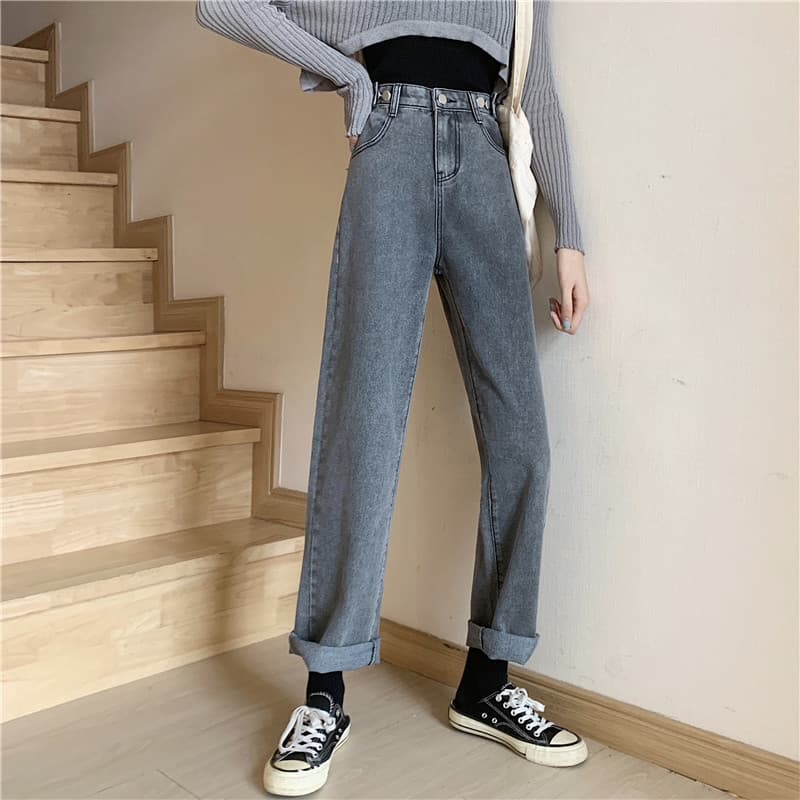 グレー パンツ デニムワイドパンツ ストレートシルエット