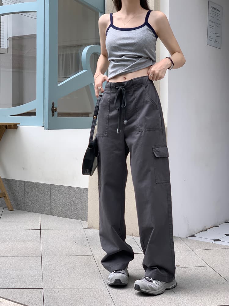 グレー パンツ 紐付きゆったり楽ちんカーゴパンツ