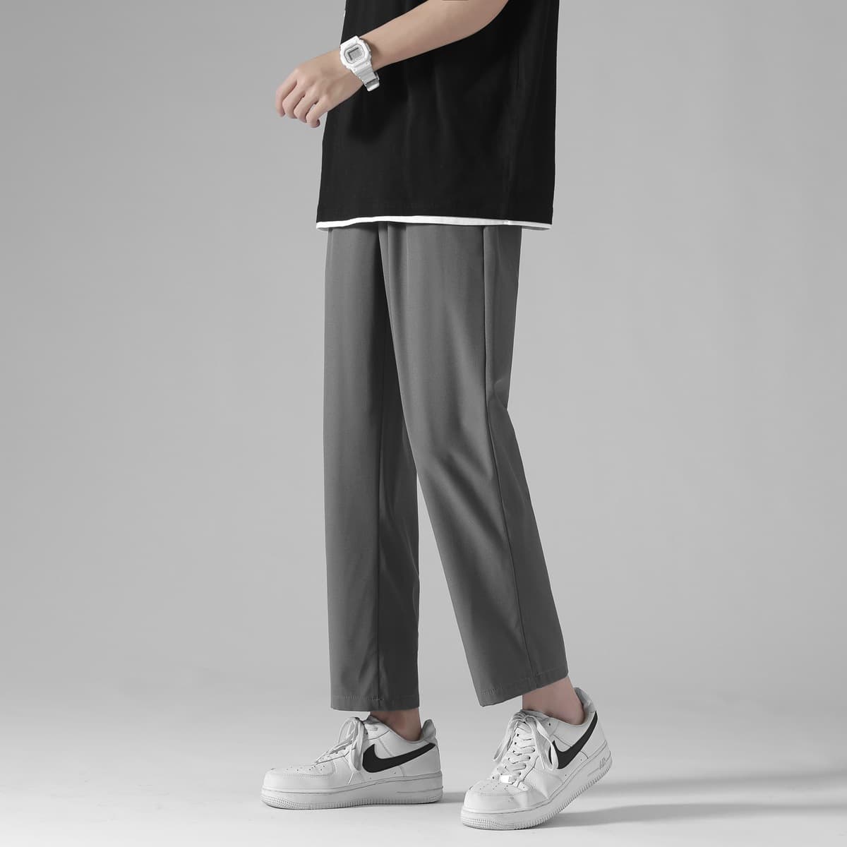 グレー パンツ シンプル タック デザイン パンツ