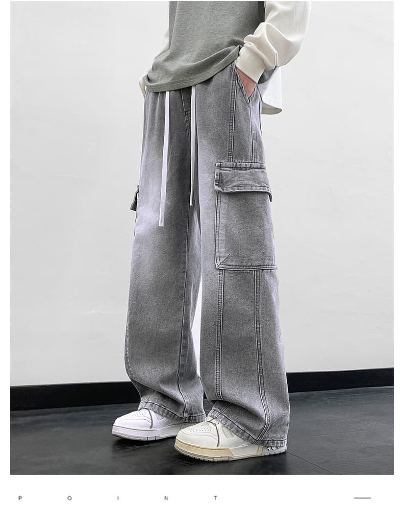 グレー パンツ ゆったりカーゴワイドデニムパンツ