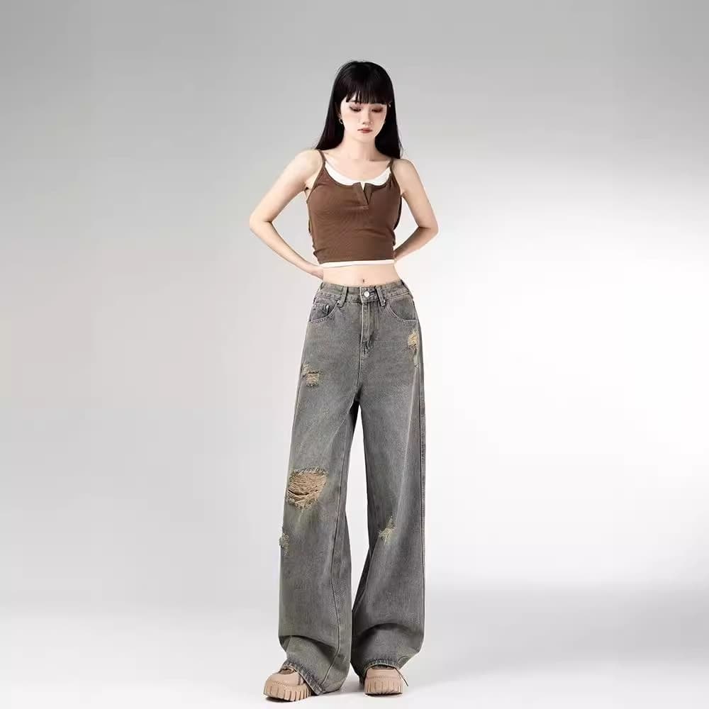 グレー パンツ ヴィンテージ風ダメージワイドパンツ