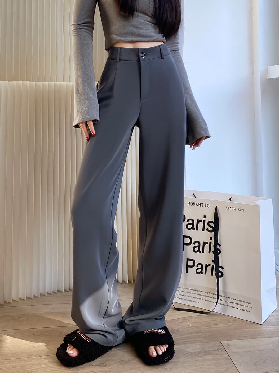 グレー パンツ ストレートストレッチドレスパンツ