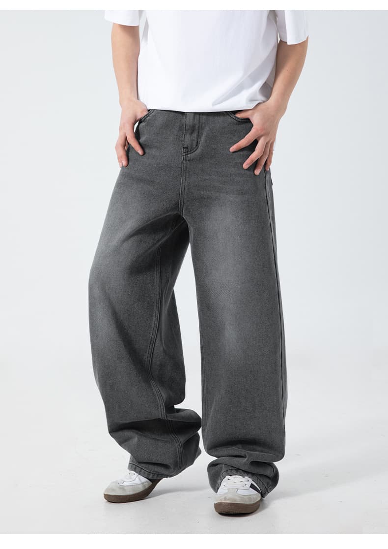 グレー パンツ 男性用 春夏新作 古着風洗い加工 ワイドデニムパンツ 街系普段着