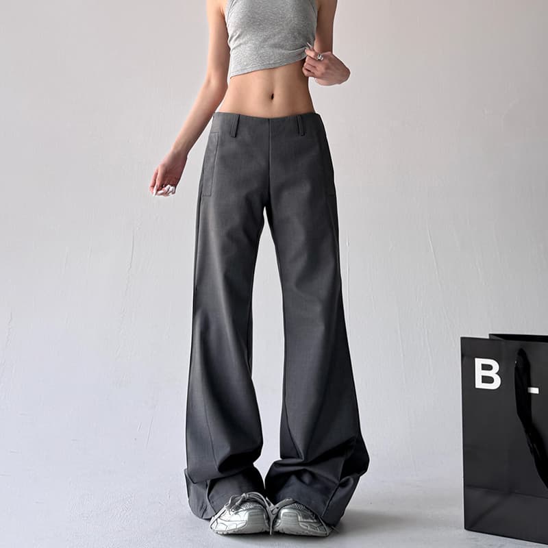 グレー パンツ ハイウエストストレートロングパンツ