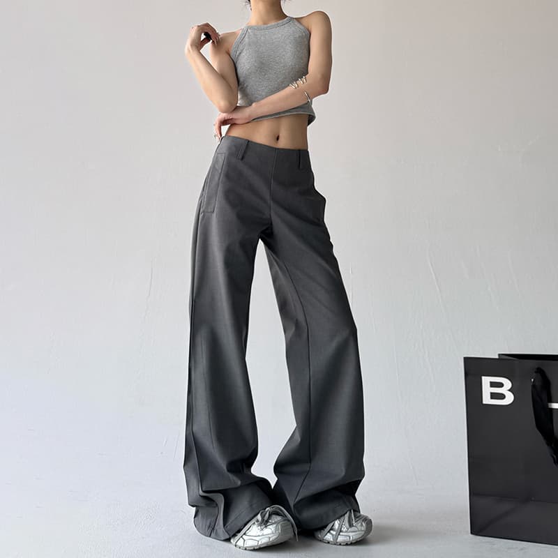 グレー パンツ ハイウエストストレートロングパンツ