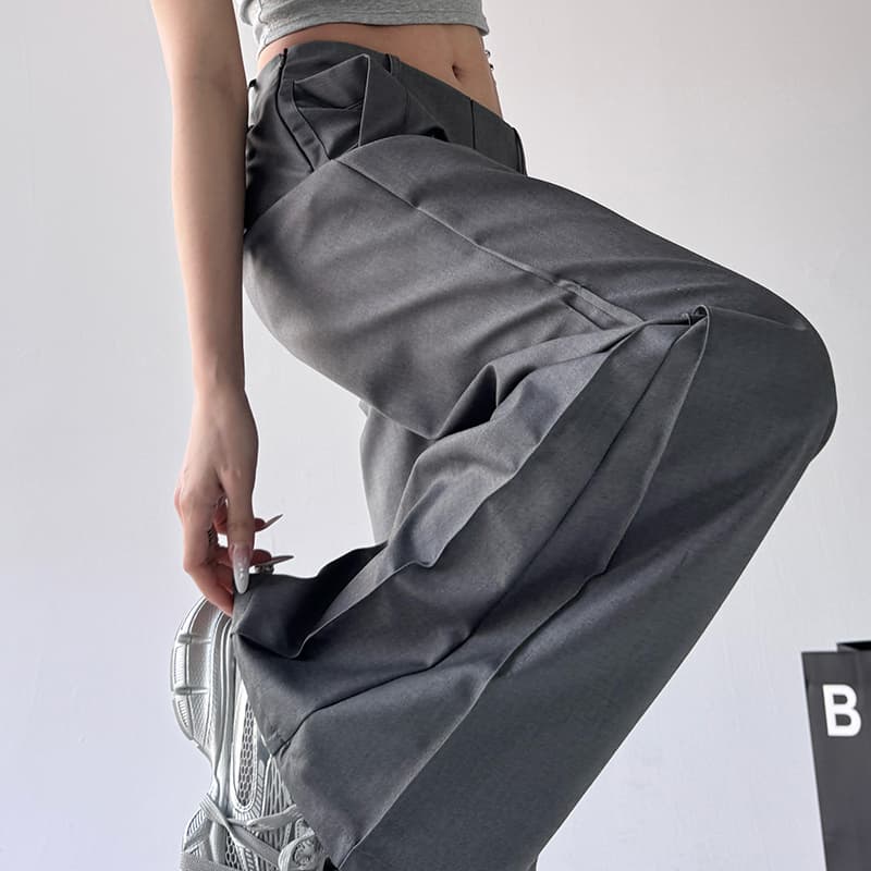 グレー パンツ ハイウエストストレートロングパンツ