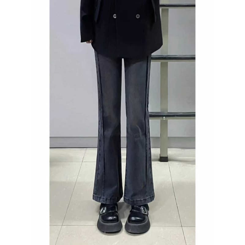 グレー パンツ ワイドフレアデニムパンツ