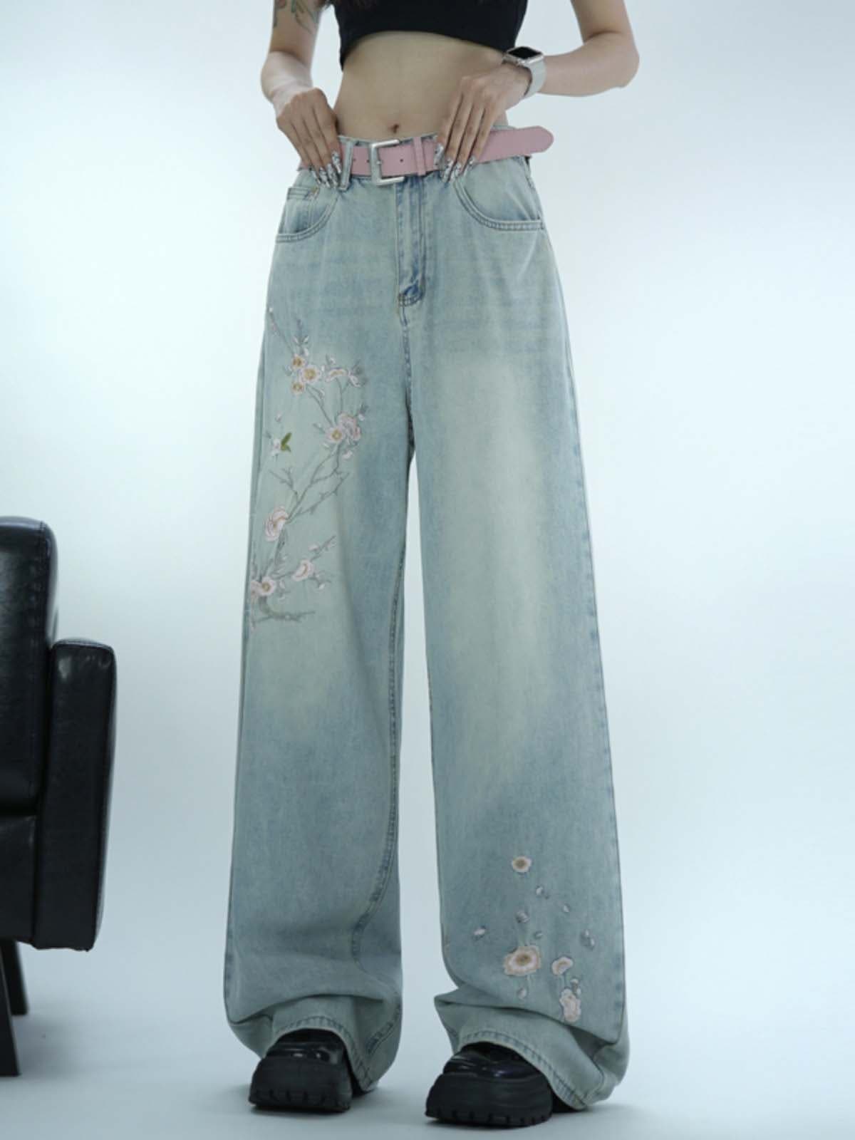 デニムパンツ 桜刺繍入りルーズデニムパンツ