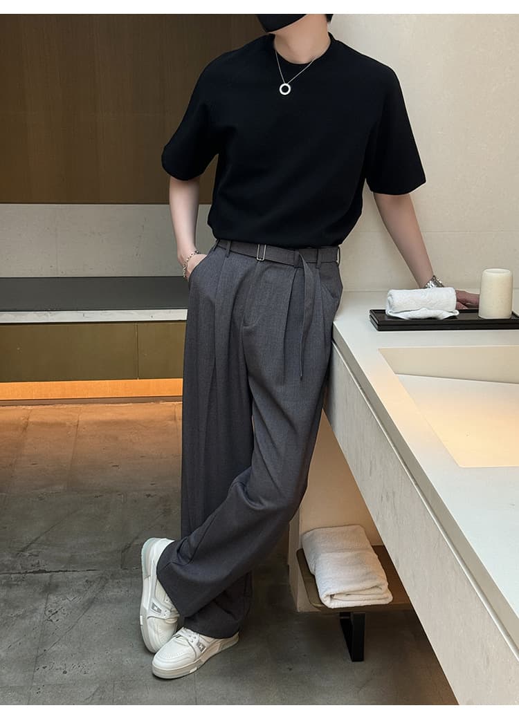 グレー パンツ ゆったりシルエット ベルト付きスラックス