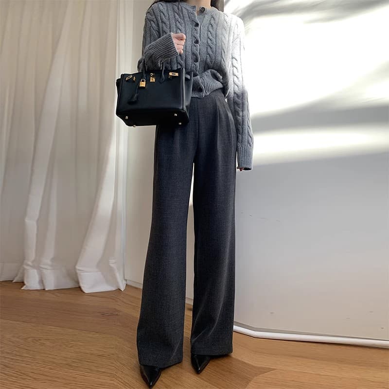 グレー パンツ ウエストタック入り センタープレス ワイドパンツ
