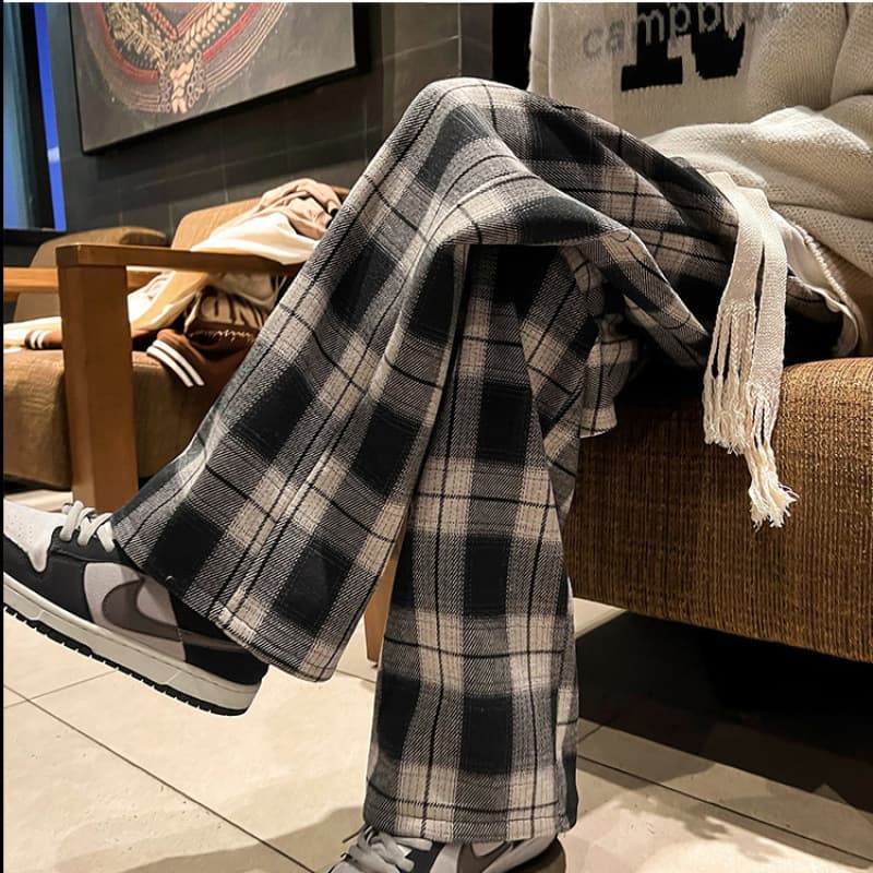 グレー パンツ タータンチェック ワイドパンツ