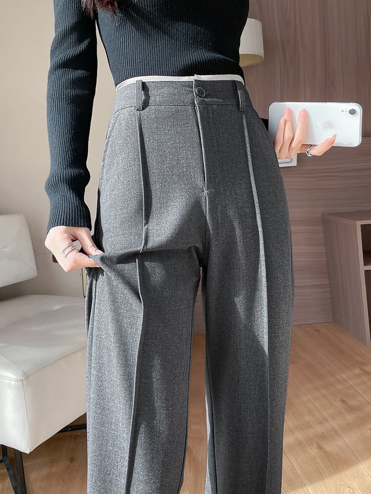グレー パンツ 上品シルエットワイドタックパンツ
